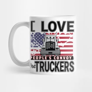 I LOVE THE TRUCKERS - PEOPLES CONVOY - USA FLAG OF HEARTS WITH BLACK LETTERS Mug